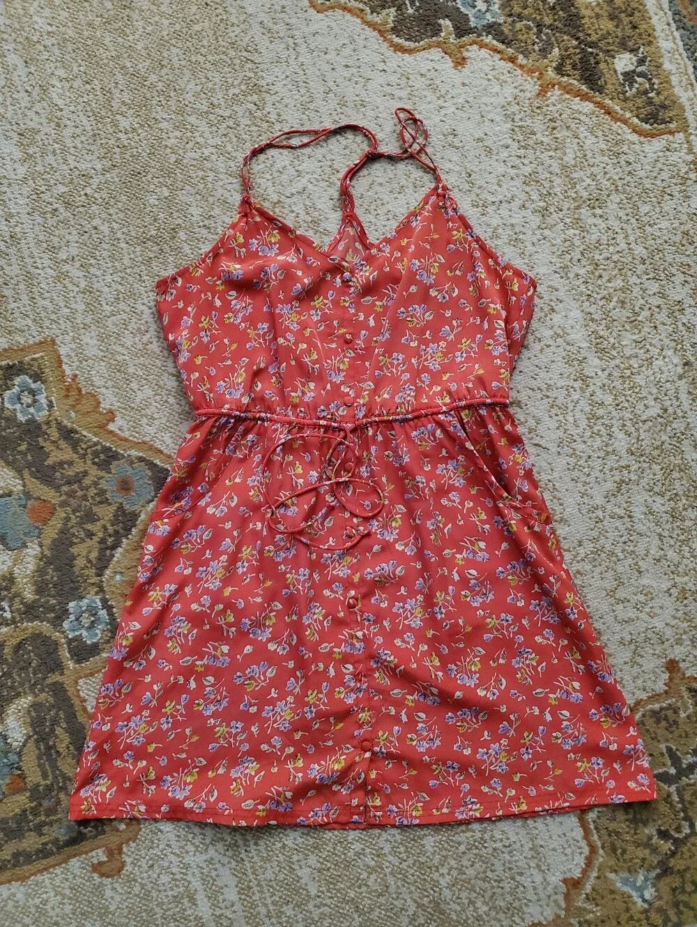 AMERICAN EAGLE Floral Strappy Elastic Drawstring Waist Mini Dress 8